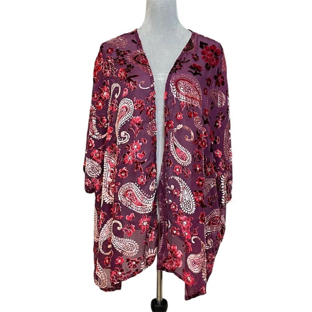 Umgee Paisley Open Front Velvet Floral Kimono Burgundy XL Fall Lightweight - Picture 2 of 11